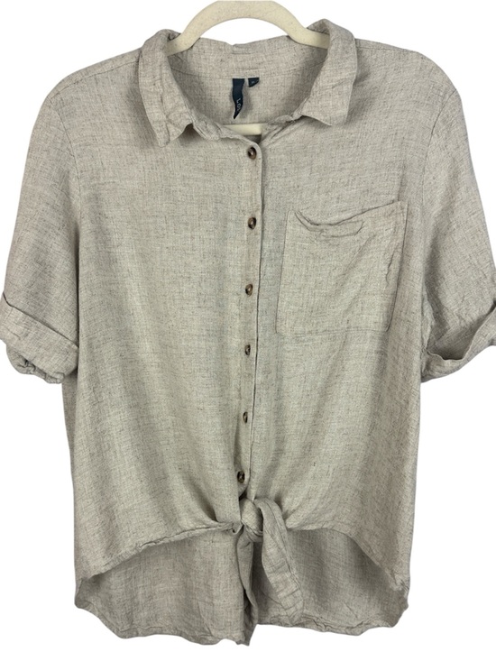 L.O.V. Tops - L.O.V. Neutral Linen Viscose Blend Tie Front Button Down Short Sleeve Shirt XL